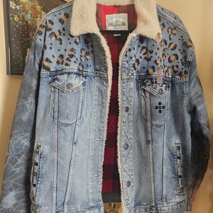 American Eagle Outfitters Blue Denim Jacket with Leopard Print and Sherpa Collar
